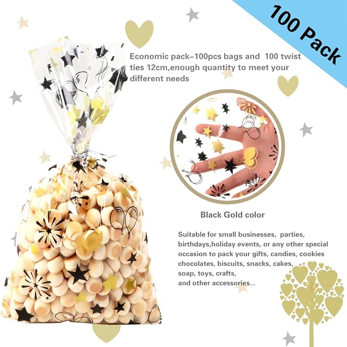 COQOFA 100 Pcs Black Gold 6"X10" Star Printed Gift Wrap Cellophane Bags - Image 3