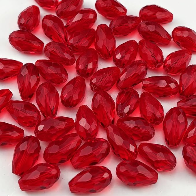 130pcs 6x8mm Teardrop Crystal Glass Beads for Jewelry Making, Faceted Vertical Hole Teardrop Glass Spacer Beads for Wind Chimes Bracelet Earring Necklace DIY Craft(Red)