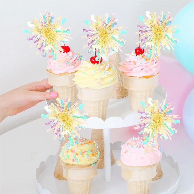 30 PCS Foil Firework Cupcake Toppers Sparkle Tinsel Cupcake Picks Happy - Image 6