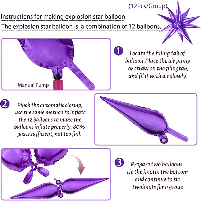 60 PCS Purple Star Balloons, 12 Point cone Explosion Star Foil Balloons - Image 5