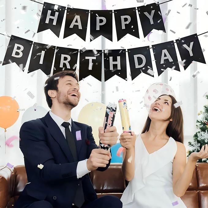 Black Happy Birthday Banner, Pre-Strung Black and Silver Birthday Party - Image 2