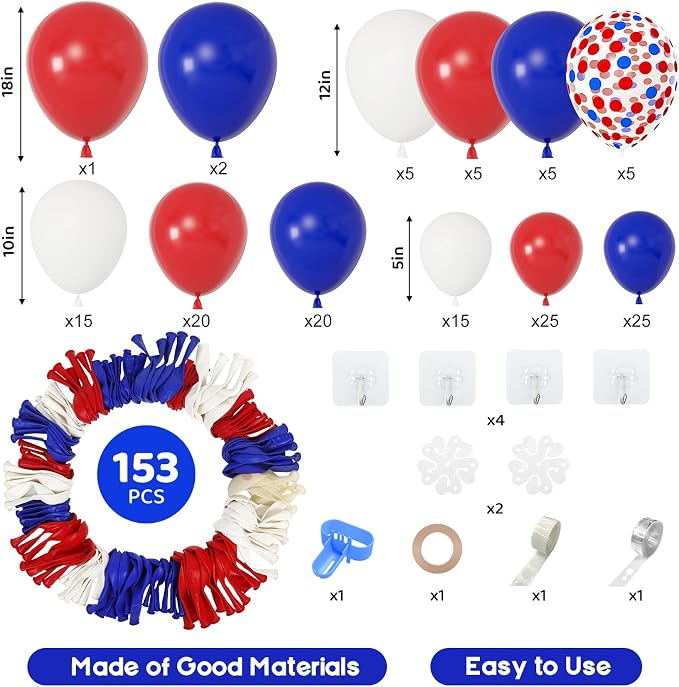 Amandir 153Pcs Red White and Blue Balloons Garland Arch Kit Different Sizes 18 - Image 3