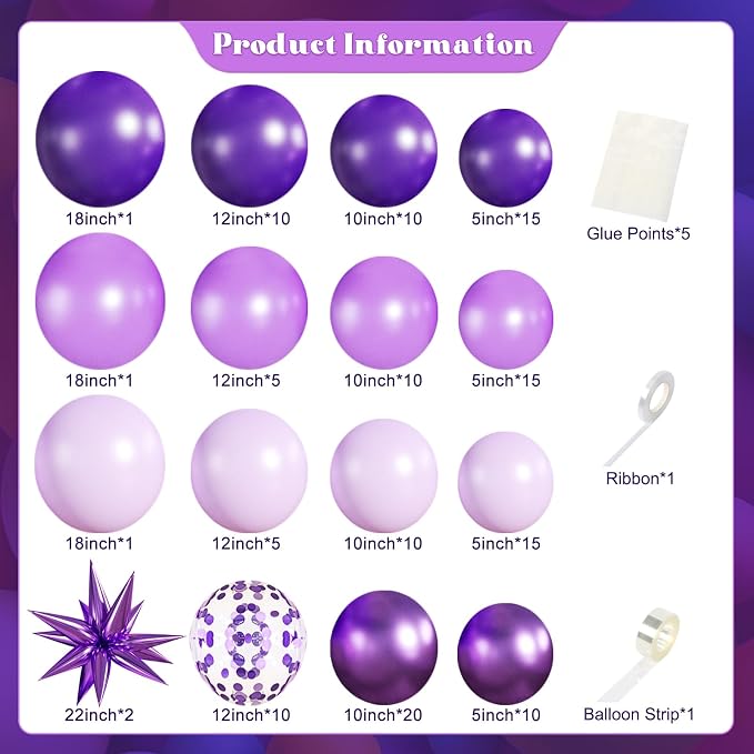 Purple Balloons Arch Kit for Birthday Party Decorations | 140Pcs Metallic Dark - Image 6