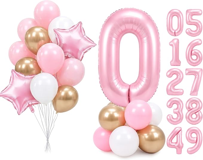 PartyWoo Number Balloons 40 Inch Pink Number 0 Kit 25pcs by PartyWoo