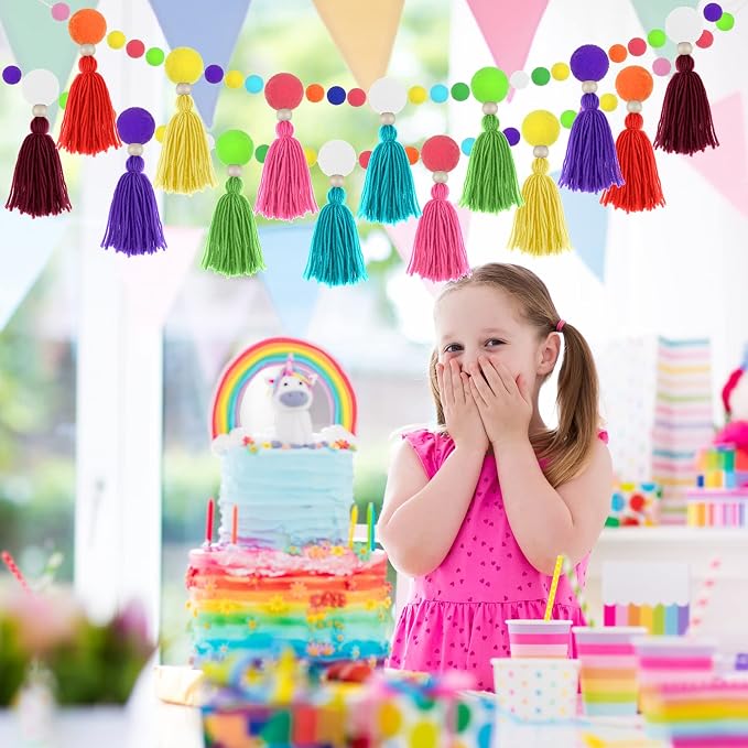 Janinka 2 Pcs Pom Pom Tassel Garland Classroom Each 13.2 Feet Boho Rainbow Felt - Image 7