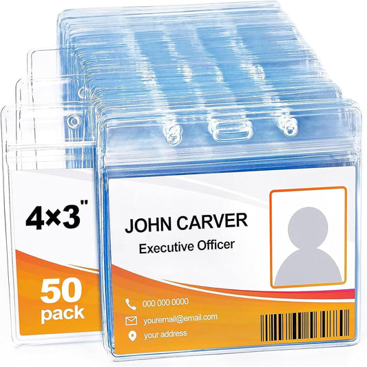 50 Pcs Clear Plastic Extra Thick Horizontal Card Holders, 4x3 Inch Sealable Waterproof Name Badge Bank ID Card Protector