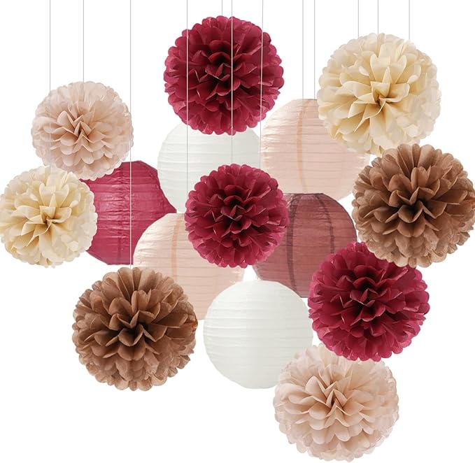 Burgundy-Brown Champagne Party-Decorations Paper-Flowers Lanterns by Hugfond