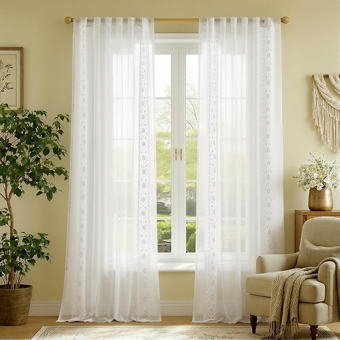 jinchan Floral Sheer Linen Curtains, Back Tab 50x96 Inch, 2 Panels White | Semi - Image 3