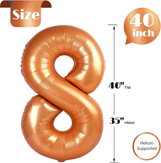 Orange Number 8 Balloon 40 Inch, 8th Birthday Party Decorations Men Women | - Image 5