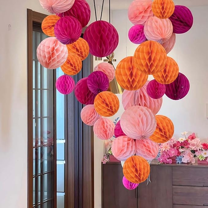 Hot Pink Orange and Pink Paper Honeycomb Balls, 6 and 10 inch Hanging Tissue - Image 4