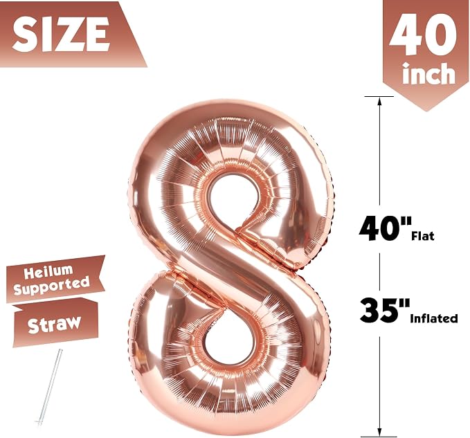 40 In Rose Gold Number 8 Balloon, 8th Birthday Party Decorations - Image 5