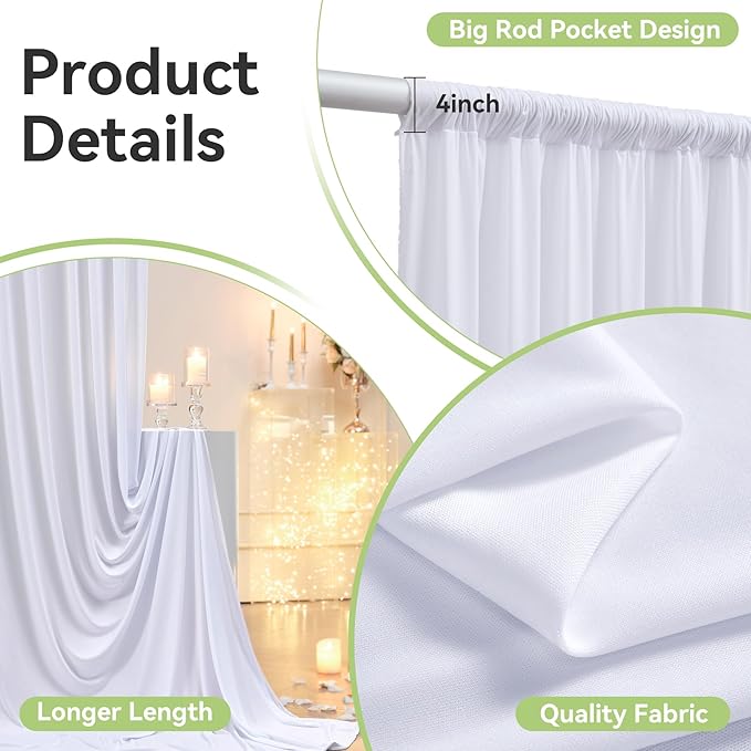 10ftx12ft Wrinkle Free White Backdrop Curtain, 8 Panels 12FT Height White Wedding Backdrop Drapes, Silky Polyester Back Drop Cloth for Birthday Photography Background Party Backdrop Draping