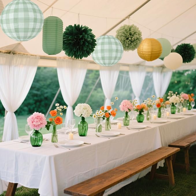 6 Pieces Sage Green Gingham Paper Lanterns Decorations - Image 6