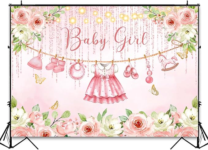 InMemory Girl Baby Shower Backdrop Pink Floral Baby Shower Decorations - Image 3