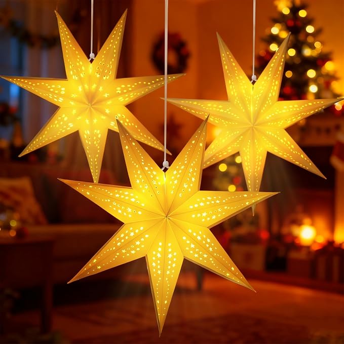 Large Paper Star Lanterns with Lights, 3D 7 Pointed Christmas Paper Lanterns - Image 9
