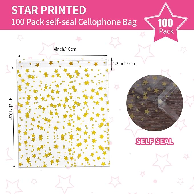 COQOFA 100 Pcs Star Printed Sealable Gift Wrap Cello Cellophane Bags Self - Image 2