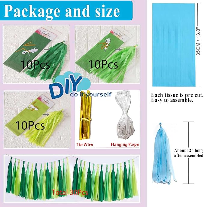 Green Ombre Colors Tassel 30Pcs Tissue Paper Tassels Garland DIY Hanging Paper - Image 2