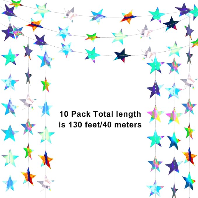 Patelai 130 ft Star Garland Banner Decor, Holographic Iridescent - Image 3