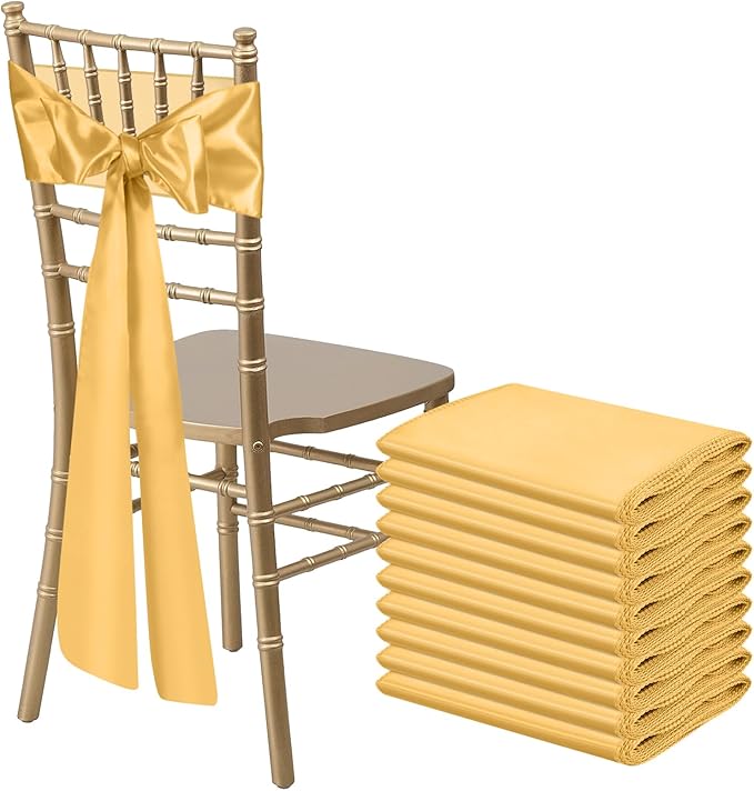 10 PCS Gold Satin Chair Sashes Bows Universal Chair Ribbon Ties Back Sash for Wedding Party Reception Events Banquets Hotel Event Chair Cover Decoration (7x108 inch)