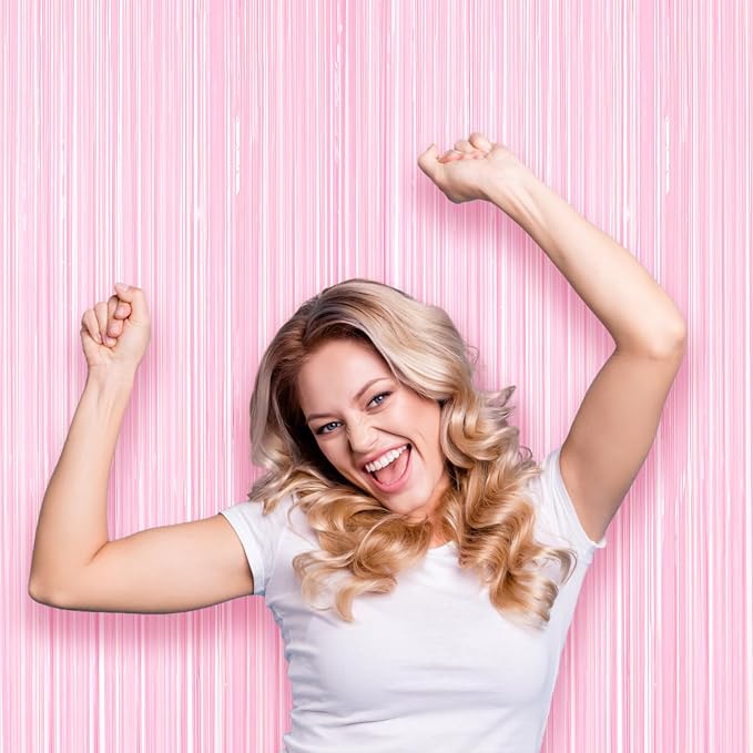 Voircoloria Pastel Pink Foil Fringe Backdrop Curtains, 2 Pack | Tinsel Streamers - Image 7