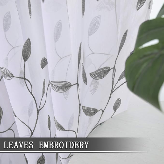 Tollpiz Leaves Sheer Curtain Grey Leaf Embroidery Living Room Curtains Rod - Image 3