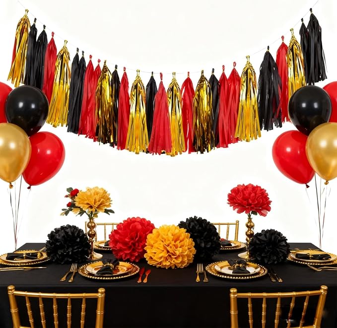 Red Black and Gold Tassel Garland Banner, 20 Pack Paper Tassels Streamers - Image 2