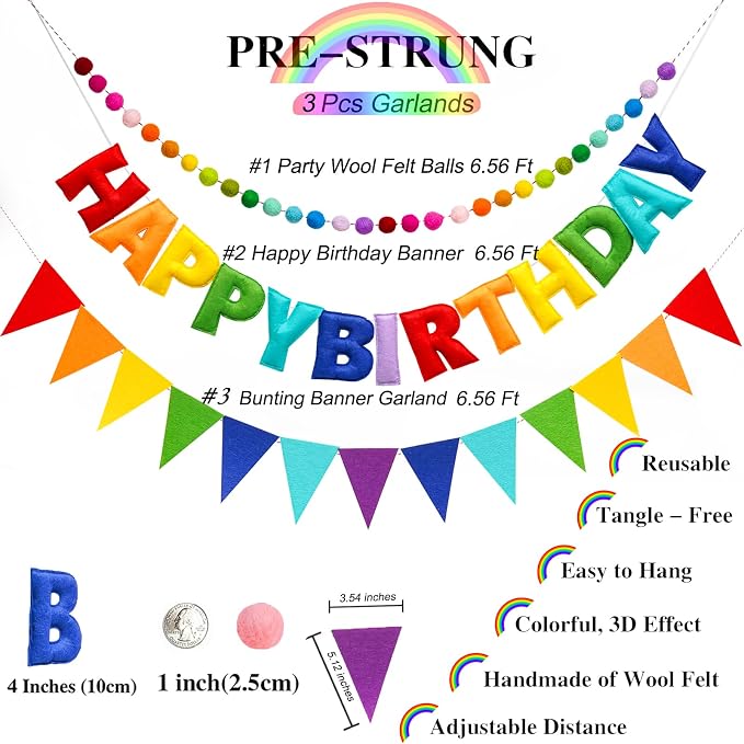 3 Pcs Pre-Strung Happy Birthday Banner, Felt Ball Garland, Pennant Triangle - Image 5
