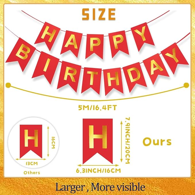 Red Happy Birthday Banner - 16 ft Pre-Strung Gold & Red Birthday Party - Image 3