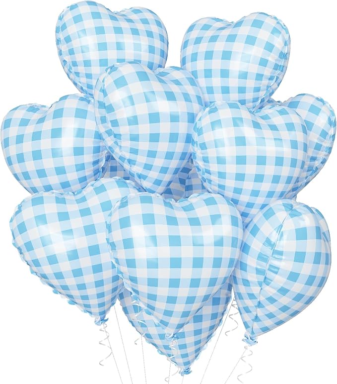 Blue Checkered Heart Balloons, 18 Inch Pastel Blue and White Gingham Heart by TAOYE