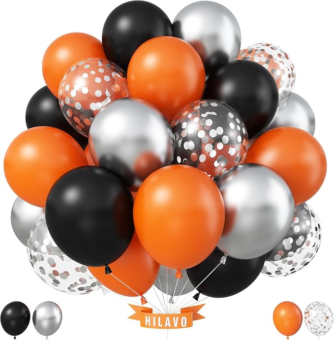 Black Orange Balloons 12 Inch Black Orange Silver Confetti Balloons Halloween by HILAVO