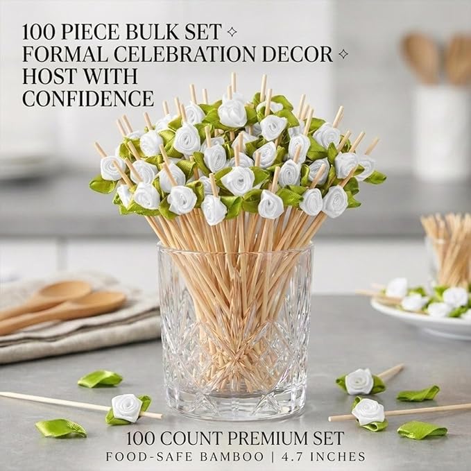 100PCS 4.7" Flower Cocktail Picks, Ribbon Rose Toothpicks Appetizer Skewers | - Image 7