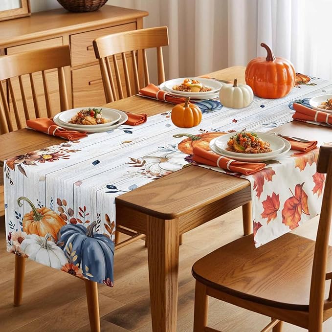 Thanksgiving Fall Cotton Linen Table Runner for Dining Kitchen, Pumpkins Eucalyptus Wedding Outdoor Party Tablerunners Decoration, Farmhouse Wooden Dresser Scarf Coffee Tablecloth Runners 13x48 Inches