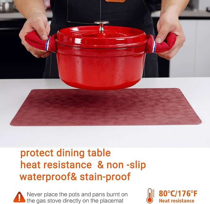 Vinyl Red Placemats Set of 4 Wipeable Waterproof Table Mats | Heat Resistant - Image 3