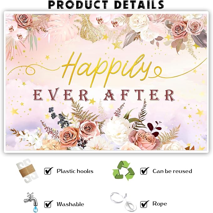 INNORU Happily Ever After Backdrop Banner, Mr & Mrs Wedding Party Photography - Image 3