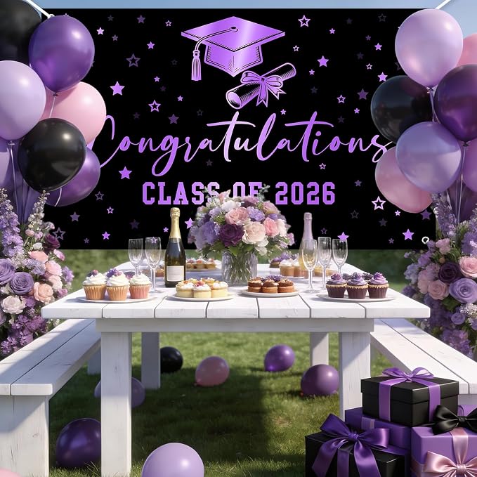 Congratulations Class of 2026 Backdrop Black Purple Graduation Banner Congrats - Image 5