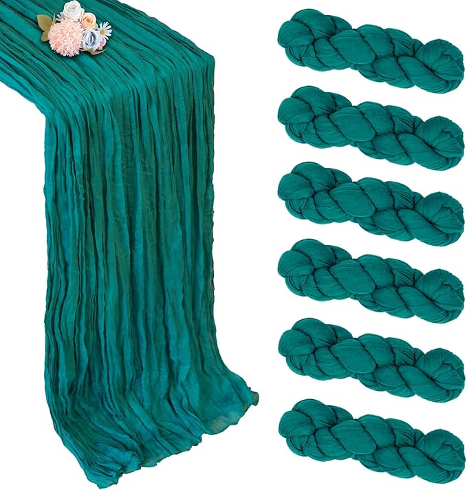 6 Pack Turquoise Cheesecloth Table Runner 10ft Boho Gauze Fabric Cheese Cloth Table Runner 35 x 120 Inch Rustic Sheer for Romantic Wedding Decor Baby Shower Party Table Centerpiece Decoration