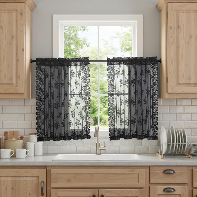 Kotile Black Lace Curtains for Kitchen Windows, W42 x L45 Inch, 2 Panels | Rod - Image 2