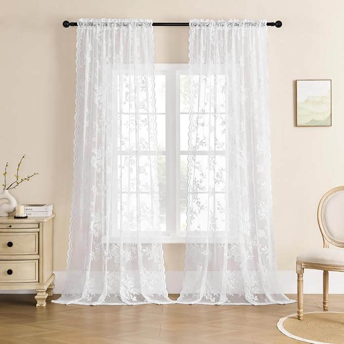 SEEKRIGHT White Lace Curtains 90 Inches Long 2 Panels Victorian Floral Sheer by SEEKRIGHTHomeDecor