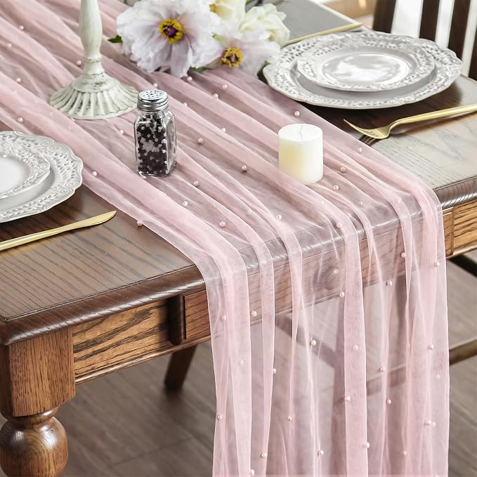 Artoid Mode 6PCS Pearl Pink Gauze Table Runner 120 Inch 10FT, Seasonal Sheer by ArtoidMode