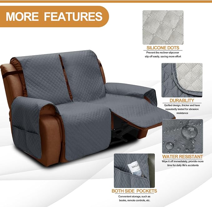 XINEAGE Water Resistant Recliner Cover, 2 seat Recliner Loveseat Covers - Image 2