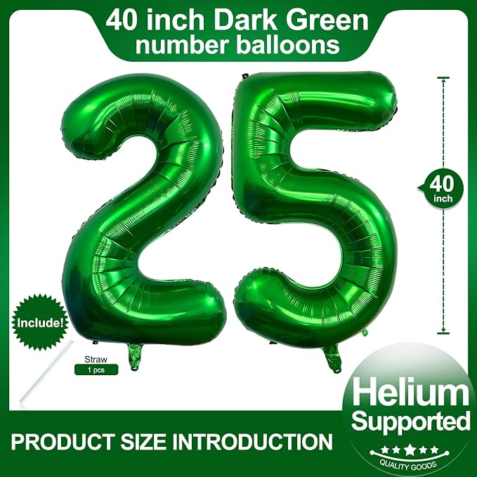 Number 25 Dark Green Balloons 40 Inch Giant Green 25 or 52 Numer Foil Helium - Image 2