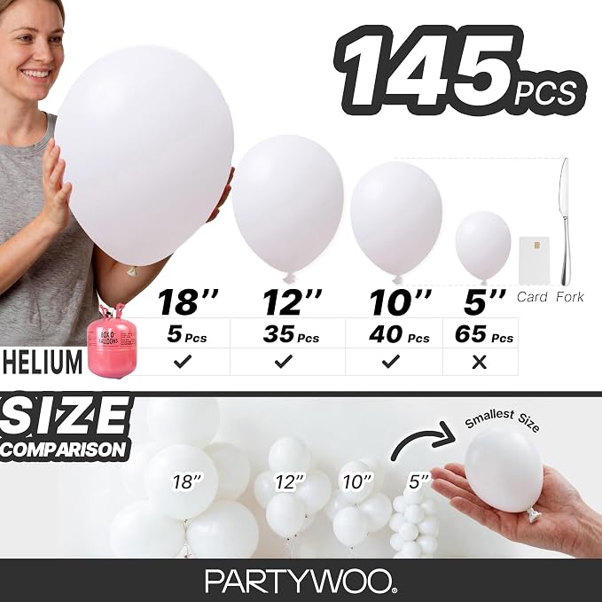 PartyWoo White Balloons 145pcs Matte White Latex Balloons Different Sizes | 18 - Image 6