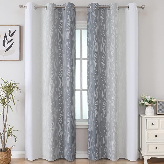 Full Room Darkening Greyish White and Grey Blackout Curtains 84 Inch Length 2 - Image 2