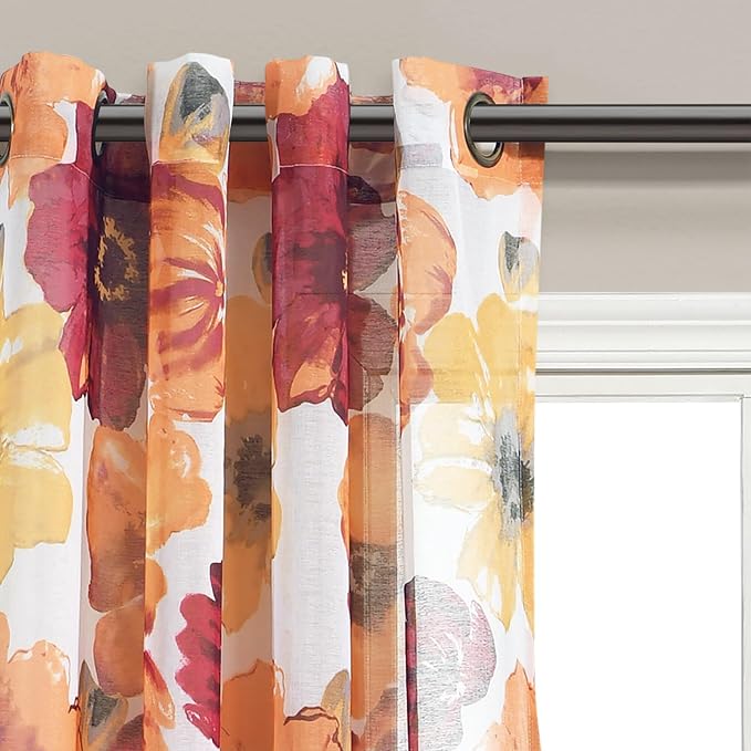 Lush Decor Leah Floral Sheer Window Curtain Panels Pair 52"W x 84"L Red & Orange - Image 3