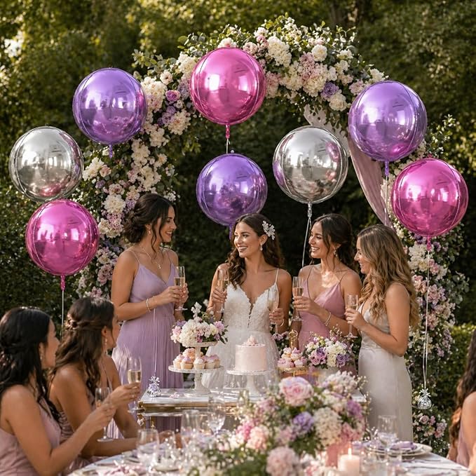 Pink Purple Silver Round Foil Balloons 9 pcs, Metallic Giant 4D Round Balloons - Image 4