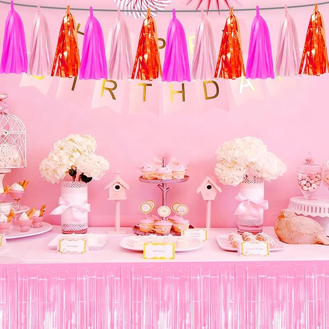 3P Hot Pink Orange LightPink Tassel Banner Garland Foil Fringe Tinsel Streamer - Image 7