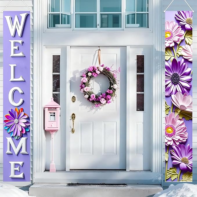 Porch Banners 71x12 Inch Welcome Purple Floral Spring Summer Decor | Lavender by yuenengmaoyi