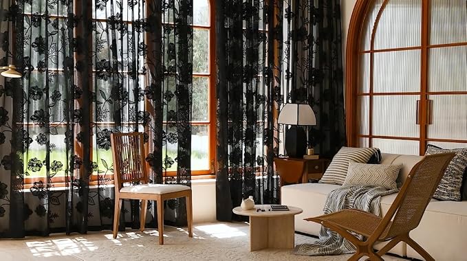 Black Sheer Lace Curtains for Bedroom Living Room Studio 108inch Extra Long - Image 3