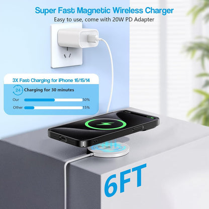 Magnetic Wireless Charger for iPhone 16 Pro Max/16 Pro/15/14/13/12/Plus/AirPods 3/2/Pro 2, 6FT Magnet Charge for Apple Mag-Safe Charger Fast Wireless Charging Pad with USB C Charging Block, 1Pack