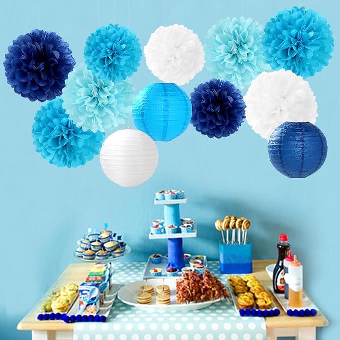 Blue-White Birthday Party-Decorations Paper-Flowers Lanterns - Image 5